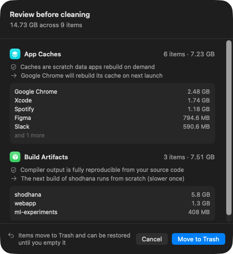 The review sheet shown before cleaning: each group states why it is safe to remove and what happens afterwards, with a Move to Trash button — items are recoverable until the Trash is emptied.